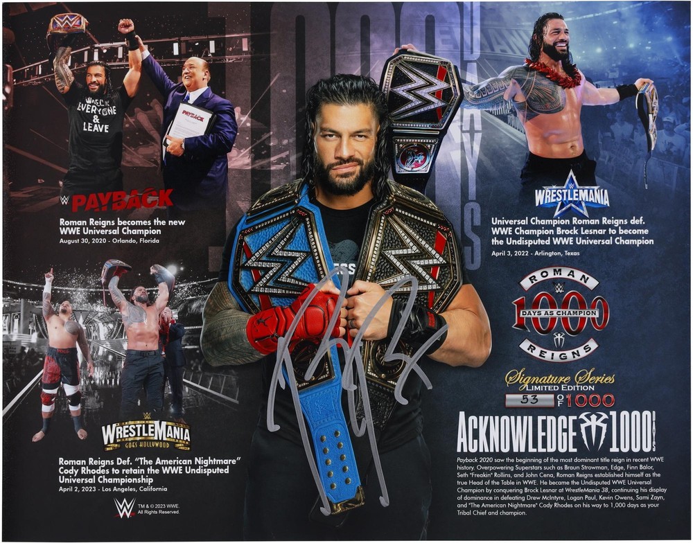 Roman Reigns WWE Autographed 11×14 1,000 Days as Champion Photo – LE of 1,000