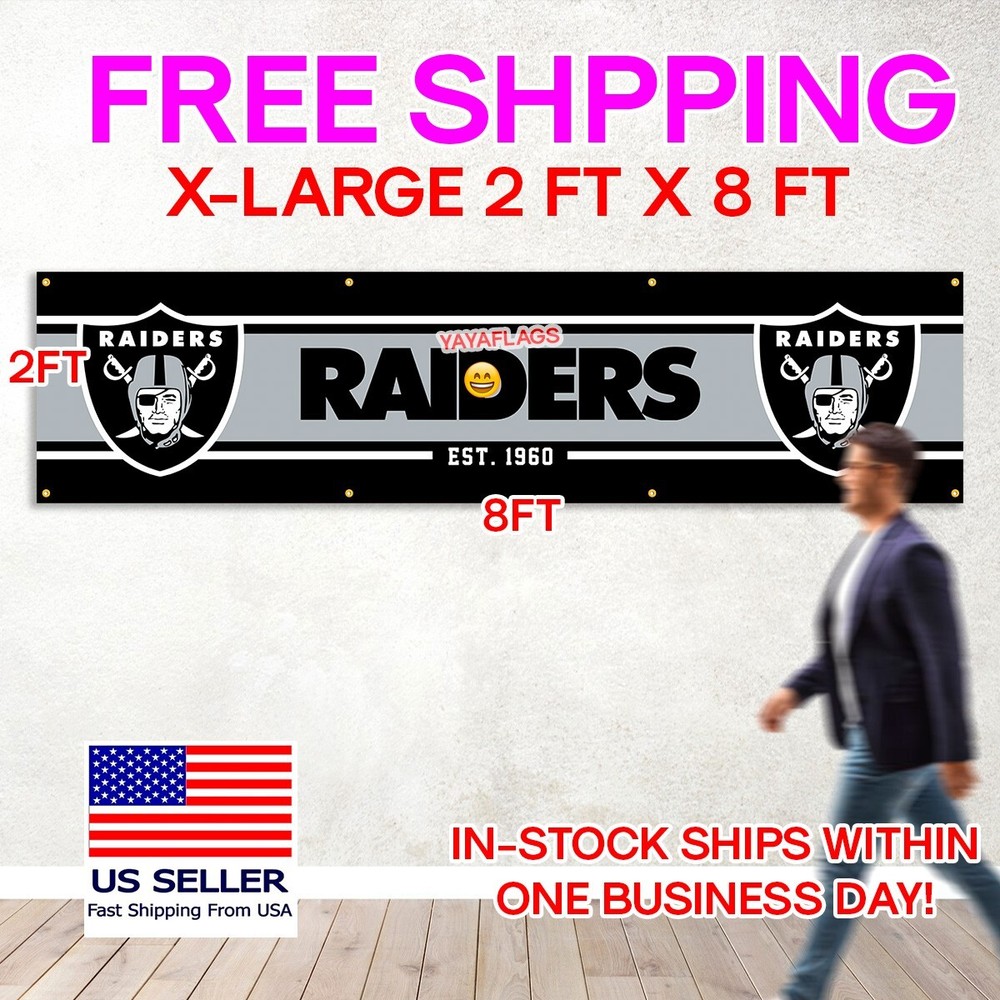 Oakland Raiders 2×8 Foot American Flag Banner New Las Vegas FREE Shipping
