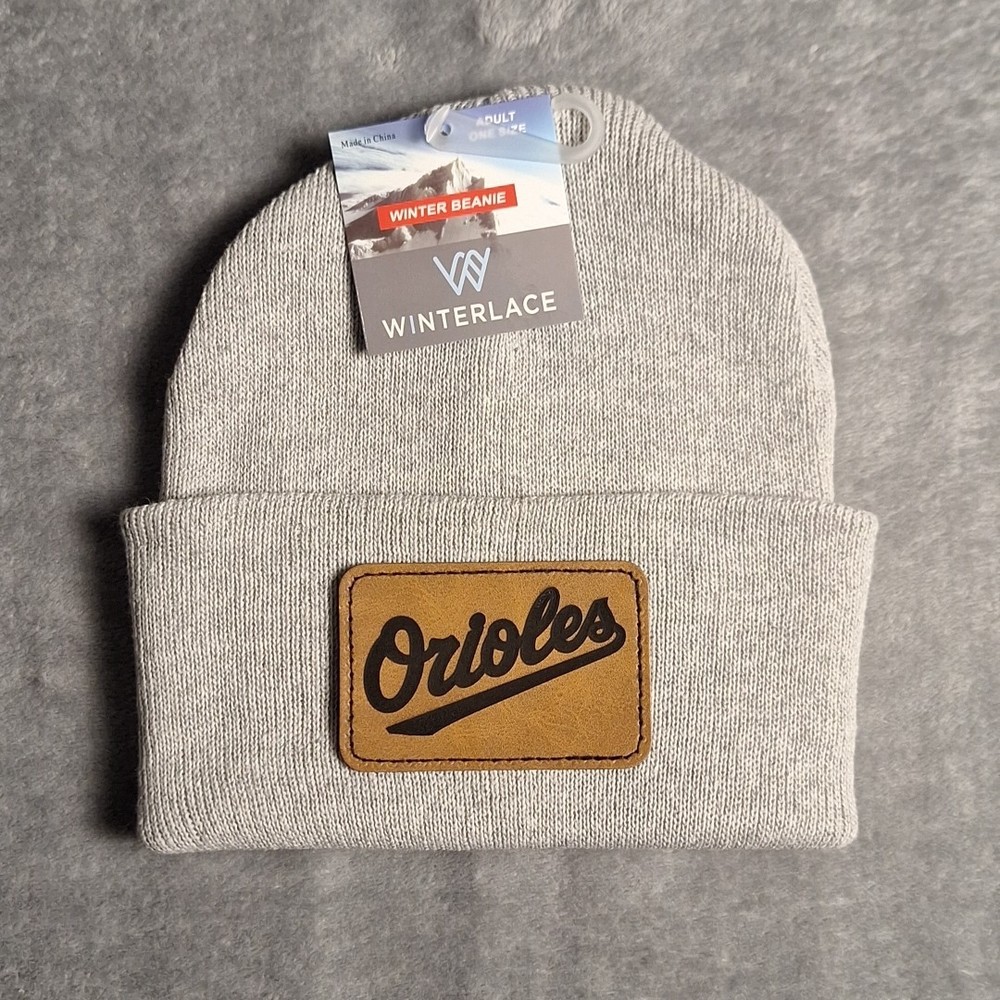 Baltimore Orioles Leather Rectangle Patch Gray Beanie Cap MLB