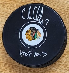 Autographed CHRIS CHELIOS «HOF 2013» Chicago Blackhawks Hockey Puck JSA Witness
