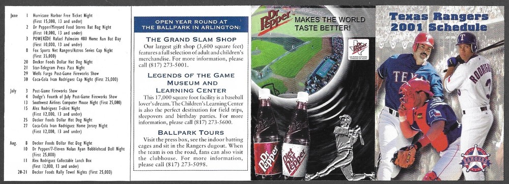 2001 TEXAS RANGERS Dr Pepper Regular Season POCKET SCHEDULE NM