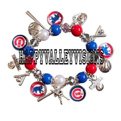 Women’s CHICAGO CUBS Baseball Charm Bracelet Metal Glass Charms Stretchy