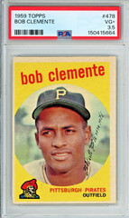 1959 Topps Roberto Clemente baseball card, graded VG+ 3.5, #478 in the set HOF
